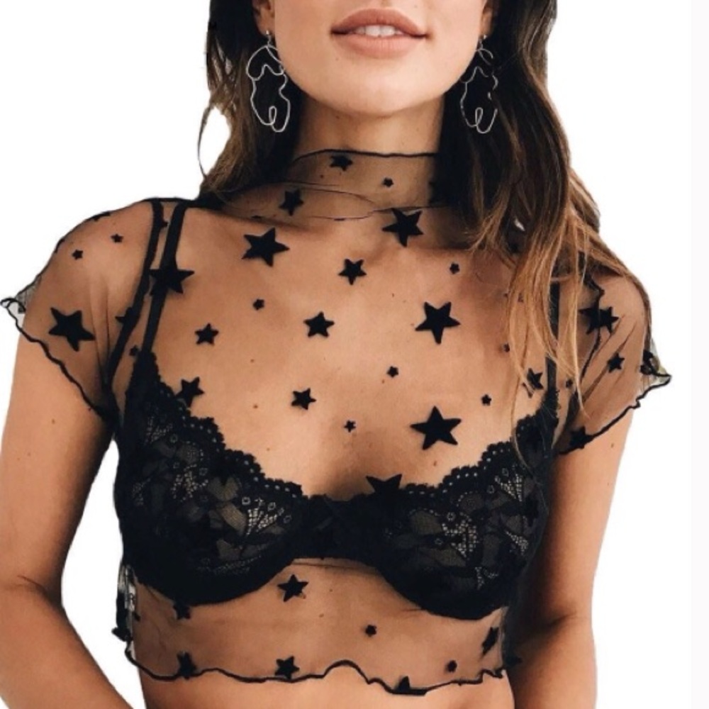 Sexy Velvet Star Mesh T-shirt Black or White - Picture 7 of 8